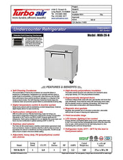 Turbo Air MUR-28-N 27 1/2" W Undercounter Refrigerator w/ 1 Section & Solid Door - Donut-Equipment.com