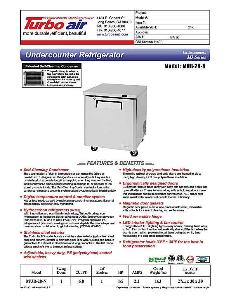 Turbo Air MUR-28-N 27 1/2" W Undercounter Refrigerator w/ 1 Section & Solid Door - Donut-Equipment.com