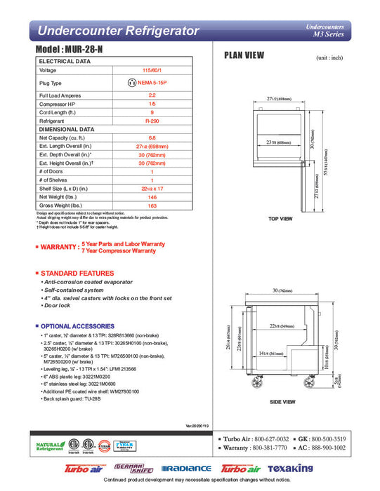 Turbo Air MUR-28-N 27 1/2" W Undercounter Refrigerator w/ 1 Section & Solid Door - Bakery Wholesalers