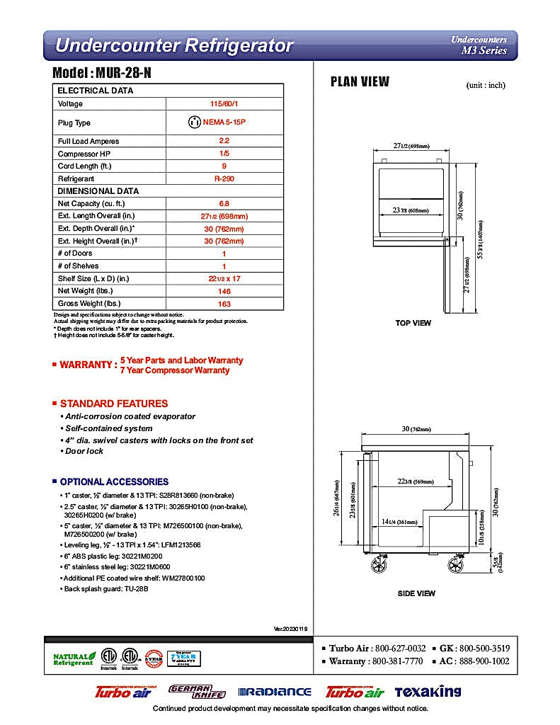 Turbo Air MUR-28-N 27 1/2" W Undercounter Refrigerator w/ 1 Section & Solid Door - Donut-Equipment.com
