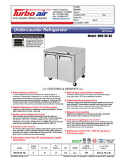 Turbo Air MUR-36-N6 36 1/4" W Undercounter Refrigerator w/ 1 Section, 2 Solid Doors & Hydrocarbon Refrigerant - Donut-Equipment.com