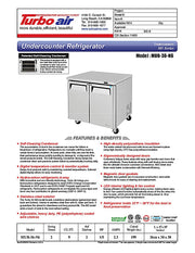 Turbo Air MUR-36-N6 36 1/4" W Undercounter Refrigerator w/ 1 Section, 2 Solid Doors & Hydrocarbon Refrigerant - Donut-Equipment.com