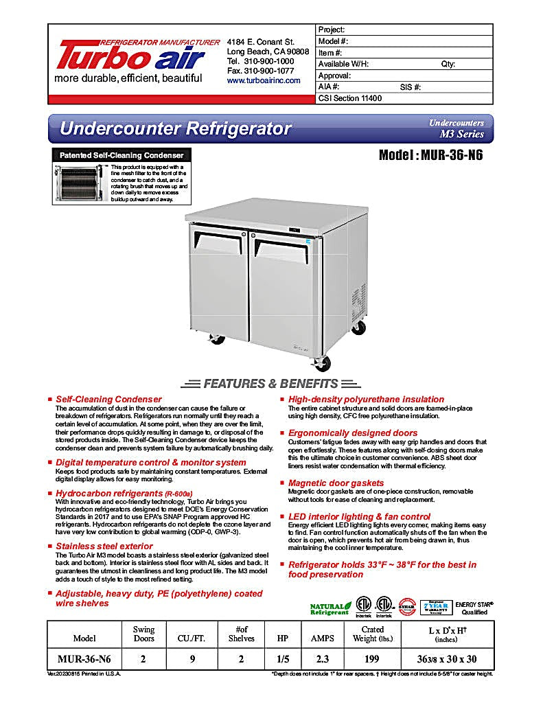 Turbo Air MUR-36-N6 36 1/4" W Undercounter Refrigerator w/ 1 Section, 2 Solid Doors & Hydrocarbon Refrigerant - Donut-Equipment.com