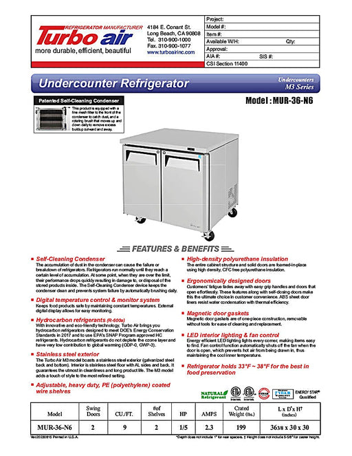 Turbo Air MUR-36-N6 36 1/4" W Undercounter Refrigerator w/ 1 Section, 2 Solid Doors & Hydrocarbon Refrigerant - Donut-Equipment.com
