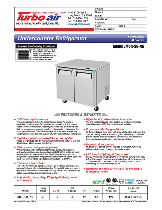 Turbo Air MUR-36-N6 36 1/4" W Undercounter Refrigerator w/ 1 Section, 2 Solid Doors & Hydrocarbon Refrigerant - Bakery Wholesalers