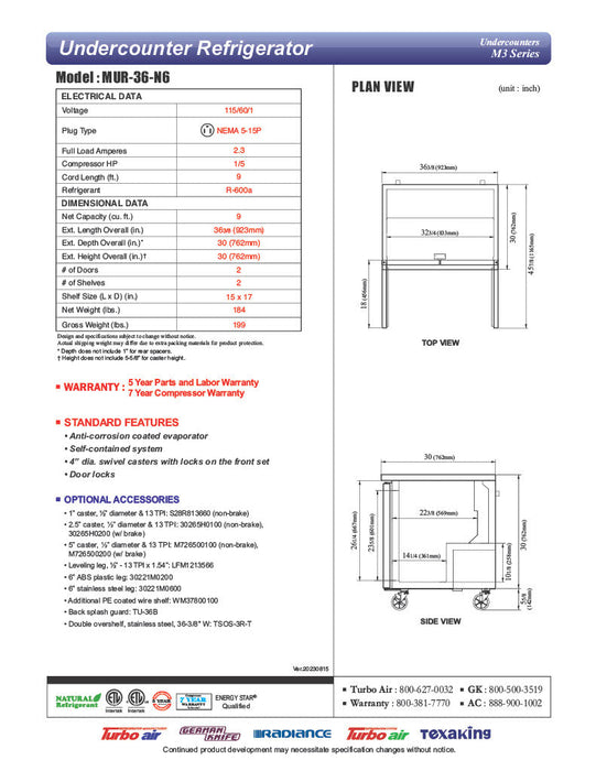 Turbo Air MUR-36-N6 36 1/4" W Undercounter Refrigerator w/ 1 Section, 2 Solid Doors & Hydrocarbon Refrigerant - Bakery Wholesalers