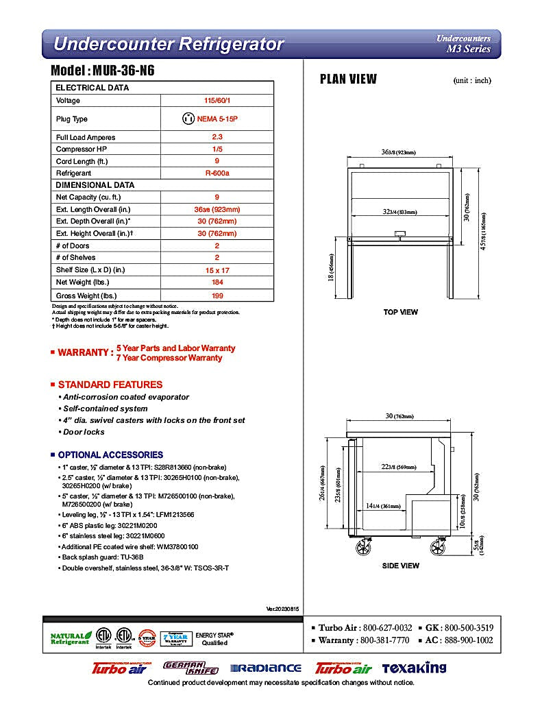 Turbo Air MUR-36-N6 36 1/4" W Undercounter Refrigerator w/ 1 Section, 2 Solid Doors & Hydrocarbon Refrigerant - Donut-Equipment.com
