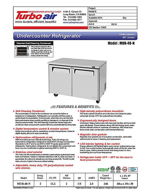 Turbo Air MUR-48-N 48 1/4" W Undercounter Refrigerator w/ 2 Sections & 2 Solid Doors - Donut-Equipment.com