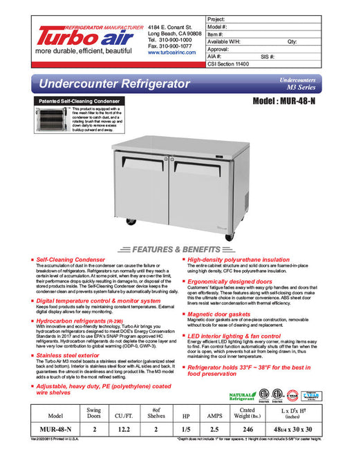 Turbo Air MUR-48-N 48 1/4" W Undercounter Refrigerator w/ 2 Sections & 2 Solid Doors - Bakery Wholesalers