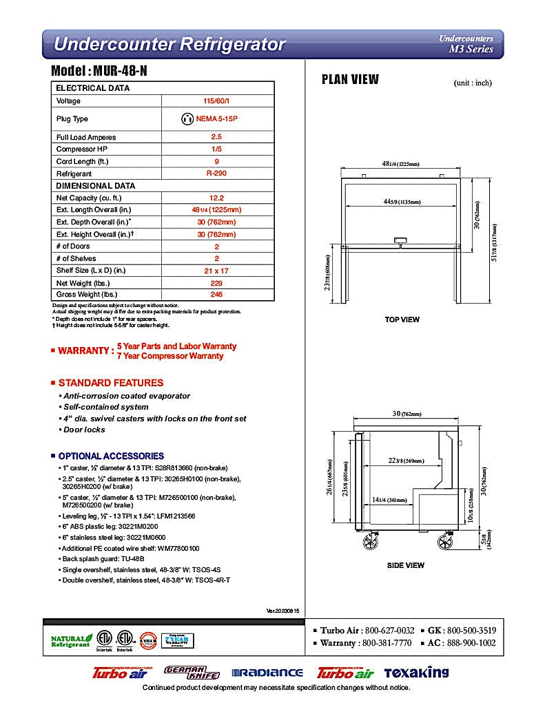 Turbo Air MUR-48-N 48 1/4" W Undercounter Refrigerator w/ 2 Sections & 2 Solid Doors - Donut-Equipment.com