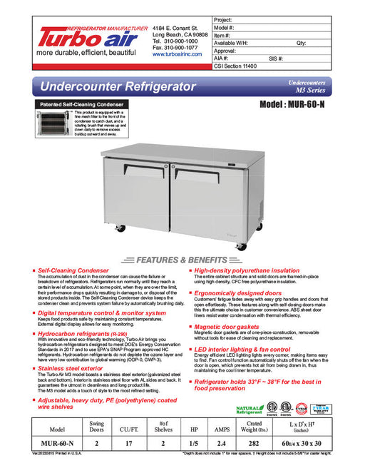 Turbo Air MUR-60-N 60 1/4" W Undercounter Refrigerator w/ 2 Sections & Solid Doors - Bakery Wholesalers