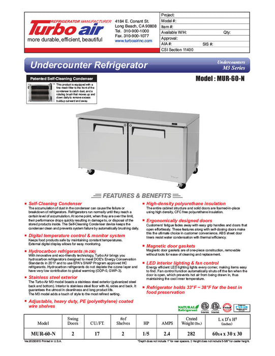Turbo Air MUR-60-N 60 1/4" W Undercounter Refrigerator w/ 2 Sections & Solid Doors - Bakery Wholesalers