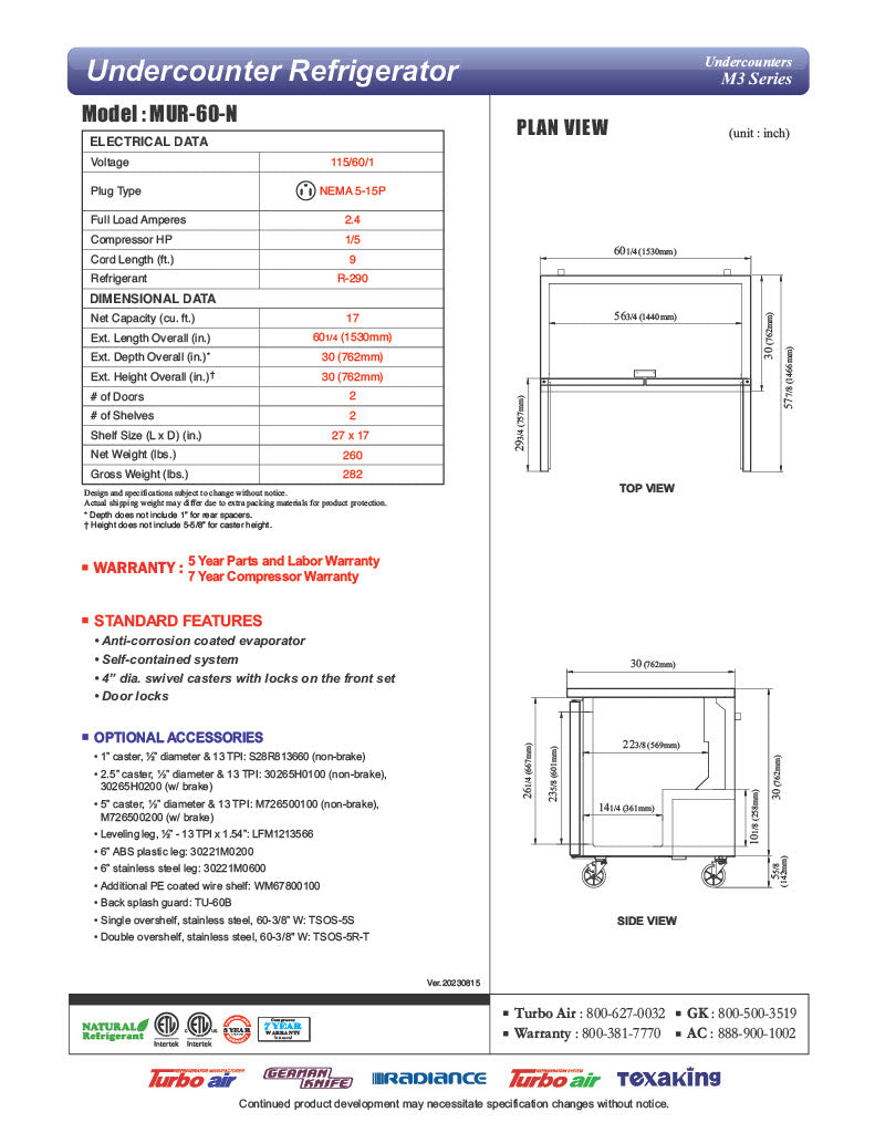 Turbo Air MUR-60-N 60 1/4" W Undercounter Refrigerator w/ 2 Sections & Solid Doors - Donut-Equipment.com