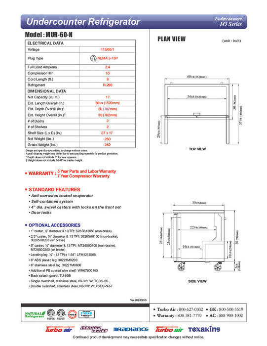 Turbo Air MUR-60-N 60 1/4" W Undercounter Refrigerator w/ 2 Sections & Solid Doors - Bakery Wholesalers