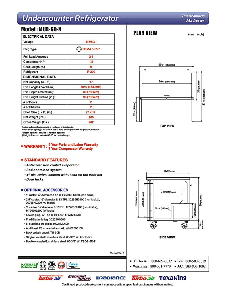 Turbo Air MUR-60-N 60 1/4" W Undercounter Refrigerator w/ 2 Sections & Solid Doors - Donut-Equipment.com