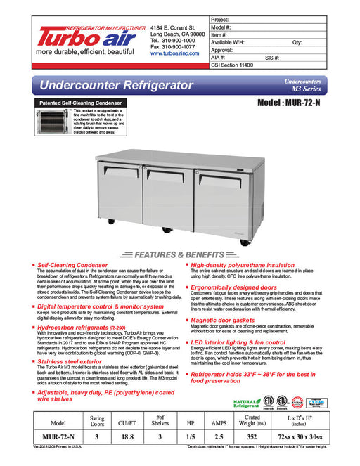 Turbo Air MUR-72-N 72 1/4" W Undercounter Refrigerator w/ 3 Sections & 3 Solid Doors - Bakery Wholesalers