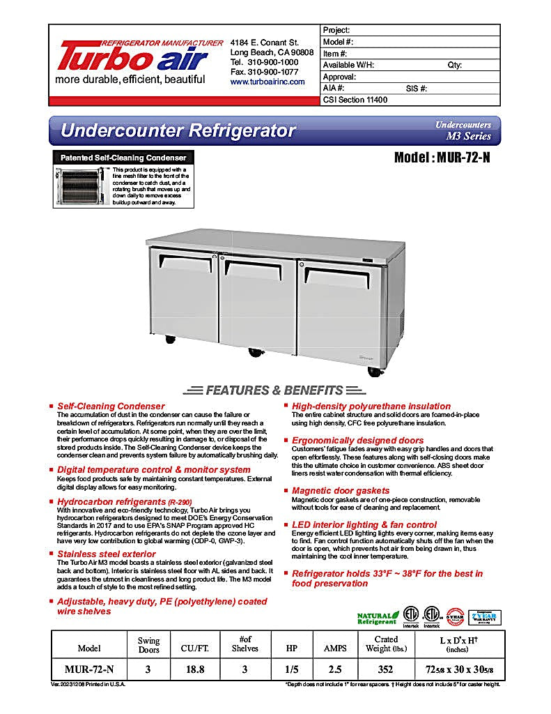 Turbo Air MUR-72-N 72 1/4" W Undercounter Refrigerator w/ 3 Sections & 3 Solid Doors - Donut-Equipment.com