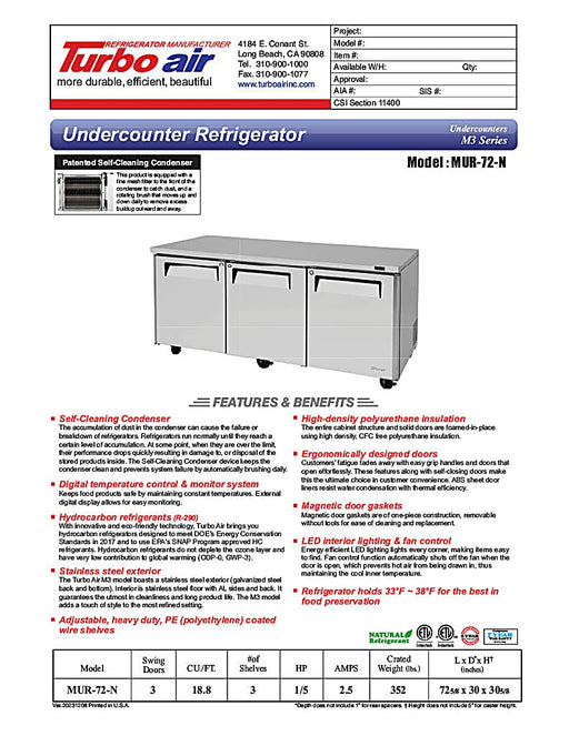 Turbo Air MUR-72-N 72 1/4" W Undercounter Refrigerator w/ 3 Sections & 3 Solid Doors - Donut-Equipment.com