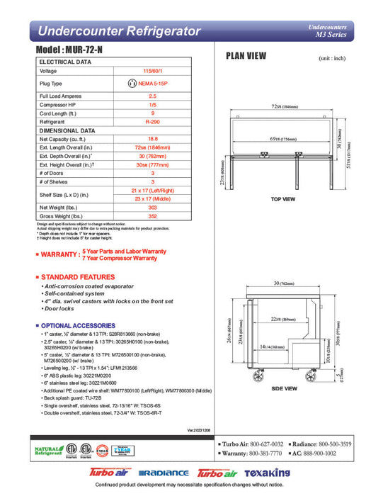 Turbo Air MUR-72-N 72 1/4" W Undercounter Refrigerator w/ 3 Sections & 3 Solid Doors - Bakery Wholesalers