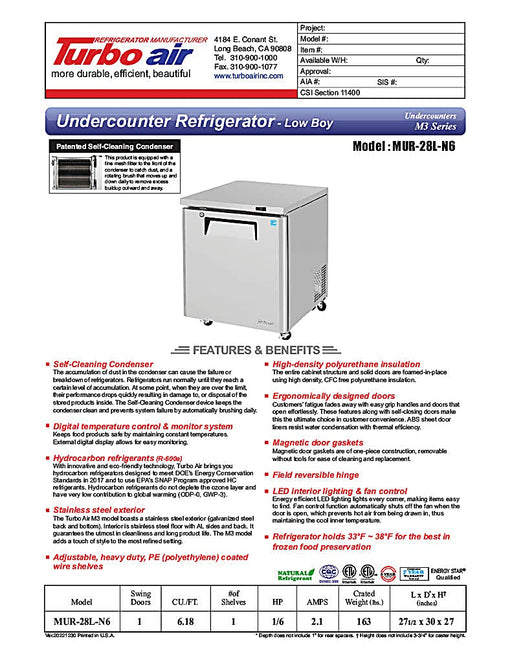 Turbo Air MUR-28L-N6 27 1/2" W Undercounter Refrigerator w/ 1 Section, Solid Door - Donut-Equipment.com
