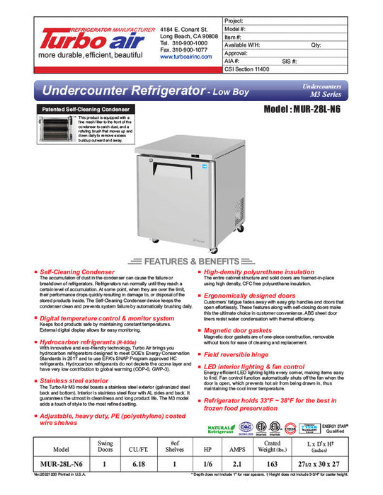 Turbo Air MUR-28L-N6 27 1/2" W Undercounter Refrigerator w/ 1 Section, Solid Door - Bakery Wholesalers
