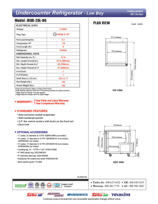 Turbo Air MUR-28L-N6 27 1/2" W Undercounter Refrigerator w/ 1 Section, Solid Door - Bakery Wholesalers