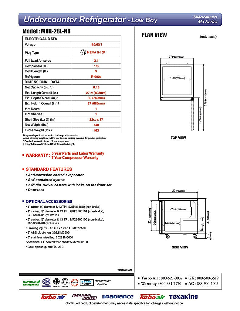 Turbo Air MUR-28L-N6 27 1/2" W Undercounter Refrigerator w/ 1 Section, Solid Door - Donut-Equipment.com