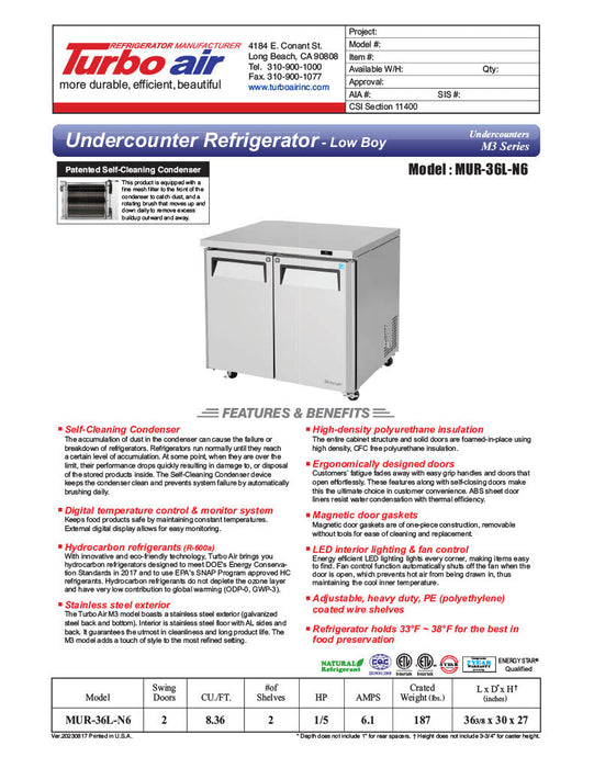Turbo Air MUR-36L-N6 36 1/4" W Undercounter Refrigerator w/ 1 Section, 2 Solid Doors - Bakery Wholesalers
