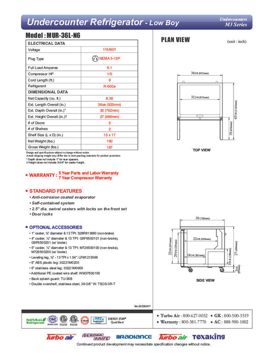 Turbo Air MUR-36L-N6 36 1/4" W Undercounter Refrigerator w/ 1 Section, 2 Solid Doors - Bakery Wholesalers