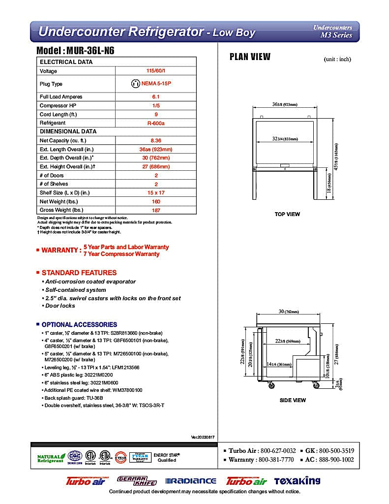 Turbo Air MUR-36L-N6 36 1/4" W Undercounter Refrigerator w/ 1 Section, 2 Solid Doors - Donut-Equipment.com