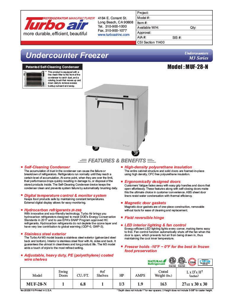 Turbo Air MUF-28-N 27 1/2" W Undercounter Freezer w/ 1 Section & 1 Solid Door - Donut-Equipment.com