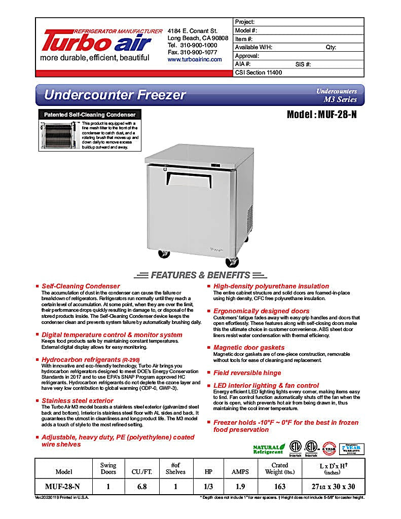 Turbo Air MUF-28-N 27 1/2" W Undercounter Freezer w/ 1 Section & 1 Solid Door - Donut-Equipment.com