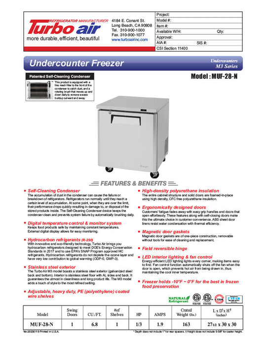 Turbo Air MUF-28-N 27 1/2" W Undercounter Freezer w/ 1 Section & 1 Solid Door - Bakery Wholesalers