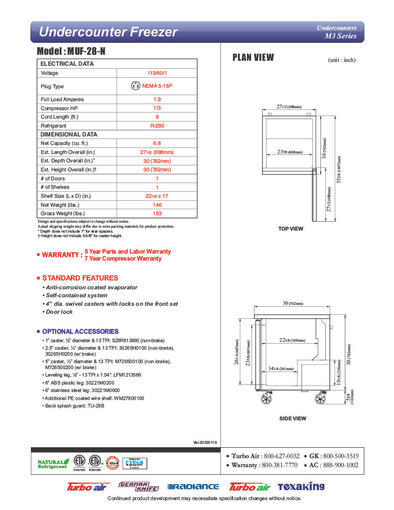 Turbo Air MUF-28-N 27 1/2" W Undercounter Freezer w/ 1 Section & 1 Solid Door - Donut-Equipment.com