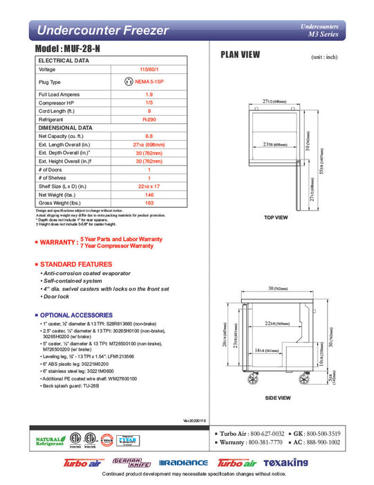 Turbo Air MUF-28-N 27 1/2" W Undercounter Freezer w/ 1 Section & 1 Solid Door - Bakery Wholesalers