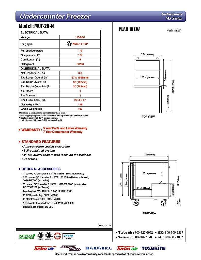 Turbo Air MUF-28-N 27 1/2" W Undercounter Freezer w/ 1 Section & 1 Solid Door - Donut-Equipment.com