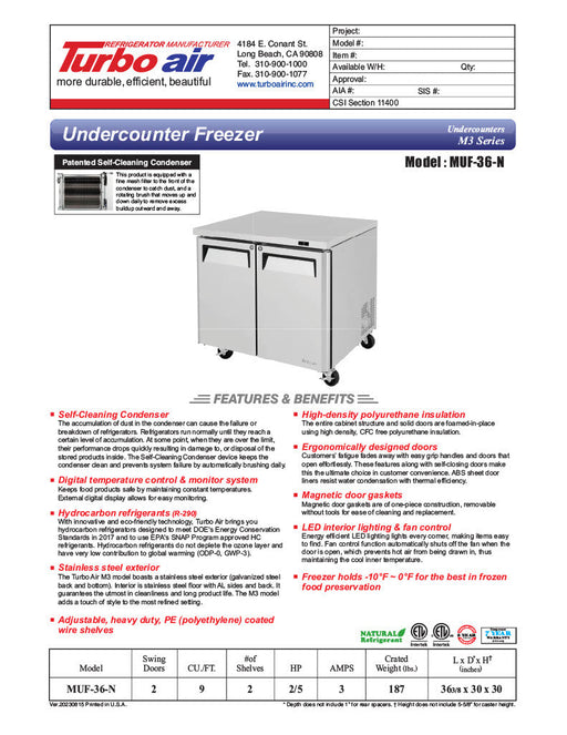 Turbo Air MUF-36-N 36 1/4" W Undercounter Freezer w/ 1 Section & 2 Solid Doors - Bakery Wholesalers
