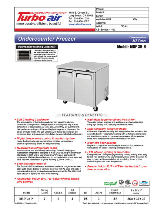 Turbo Air MUF-36-N 36 1/4" W Undercounter Freezer w/ 1 Section & 2 Solid Doors - Bakery Wholesalers