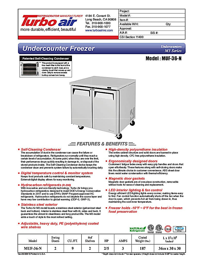 Turbo Air MUF-36-N 36 1/4" W Undercounter Freezer w/ 1 Section & 2 Solid Doors - Donut-Equipment.com