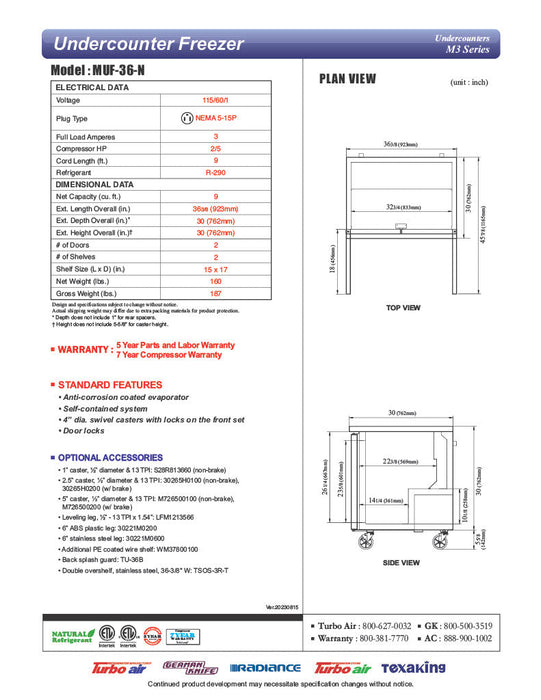 Turbo Air MUF-36-N 36 1/4" W Undercounter Freezer w/ 1 Section & 2 Solid Doors - Bakery Wholesalers