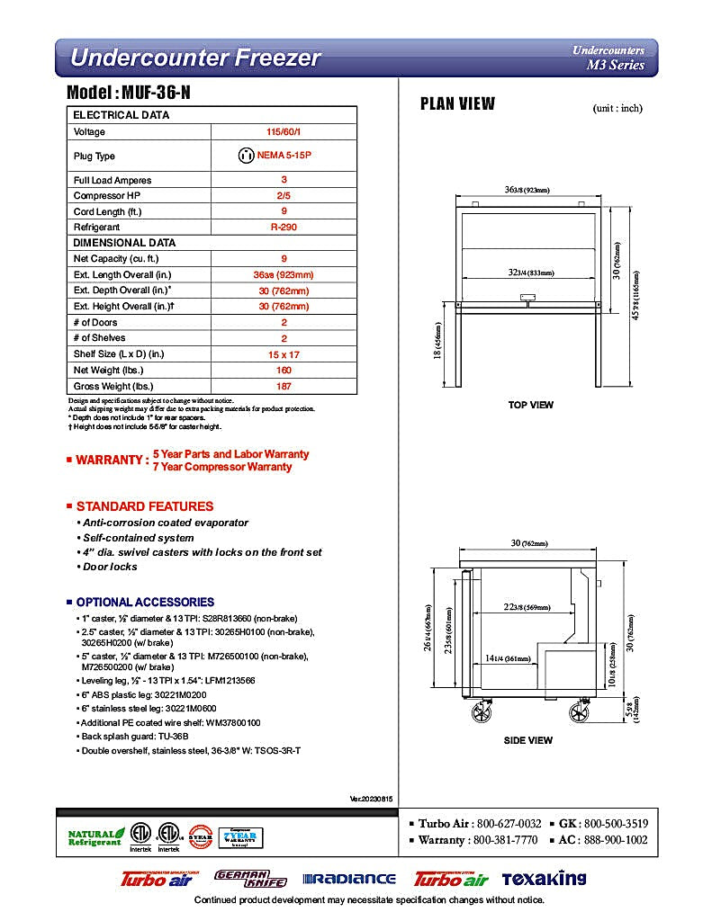 Turbo Air MUF-36-N 36 1/4" W Undercounter Freezer w/ 1 Section & 2 Solid Doors - Donut-Equipment.com