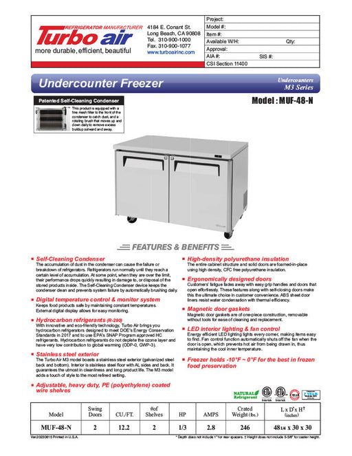 Turbo Air MUF-48-N 48 1/4" W Undercounter Freezer w/ 2 Sections & 2 Solid Doors - Bakery Wholesalers