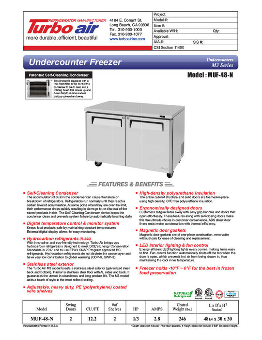 Turbo Air MUF-48-N 48 1/4" W Undercounter Freezer w/ 2 Sections & 2 Solid Doors - Bakery Wholesalers