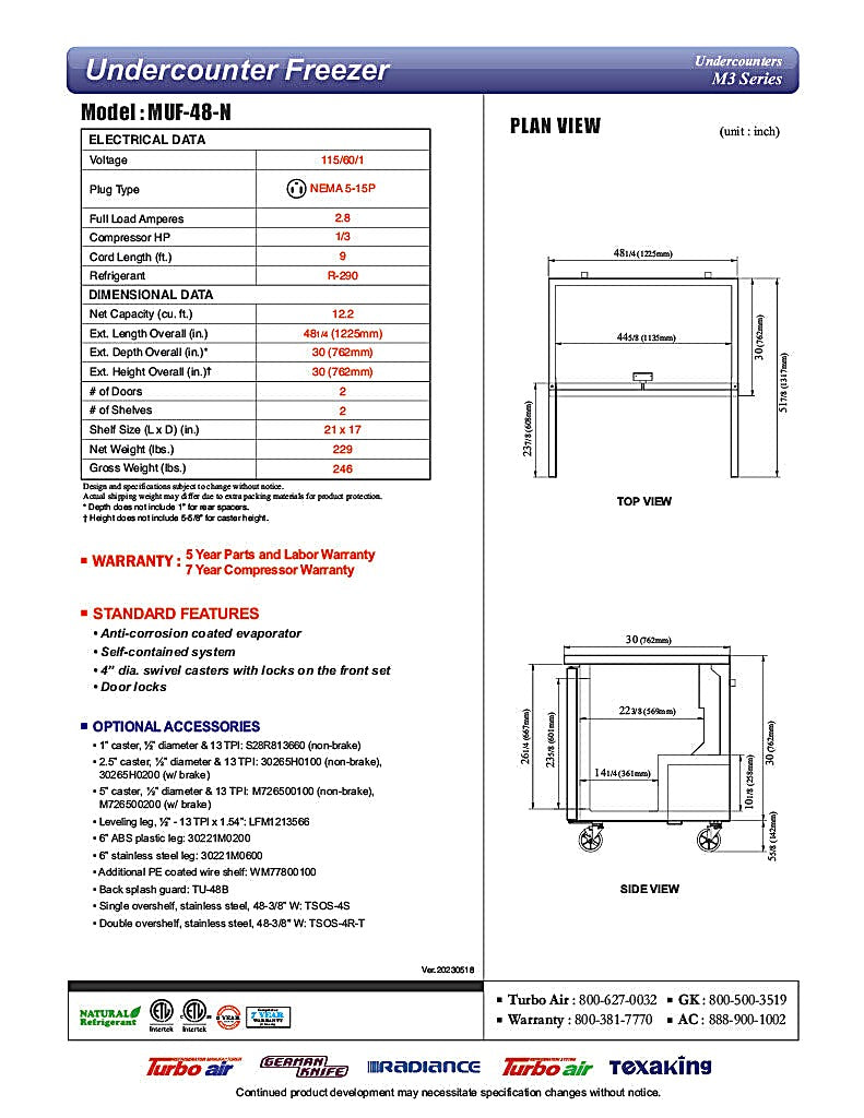 Turbo Air MUF-48-N 48 1/4" W Undercounter Freezer w/ 2 Sections & 2 Solid Doors - Donut-Equipment.com