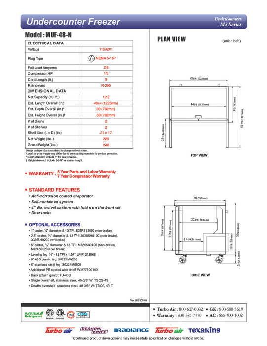 Turbo Air MUF-48-N 48 1/4" W Undercounter Freezer w/ 2 Sections & 2 Solid Doors - Bakery Wholesalers