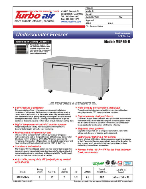 Turbo Air MUF-60-N 60 1/4" W Undercounter Freezer w/ 2 Sections & Solid Doors - Bakery Wholesalers