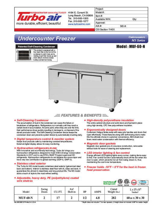 Turbo Air MUF-60-N 60 1/4" W Undercounter Freezer w/ 2 Sections & Solid Doors - Bakery Wholesalers