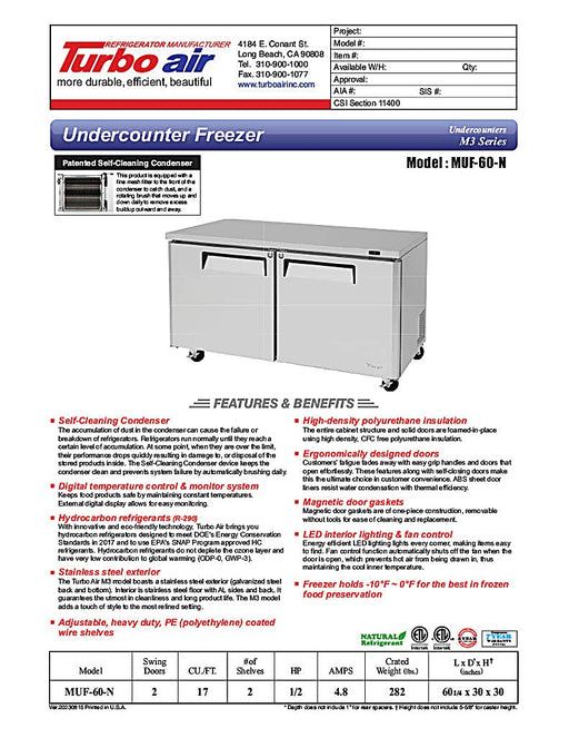 Turbo Air MUF-60-N 60 1/4" W Undercounter Freezer w/ 2 Sections & Solid Doors - Donut-Equipment.com