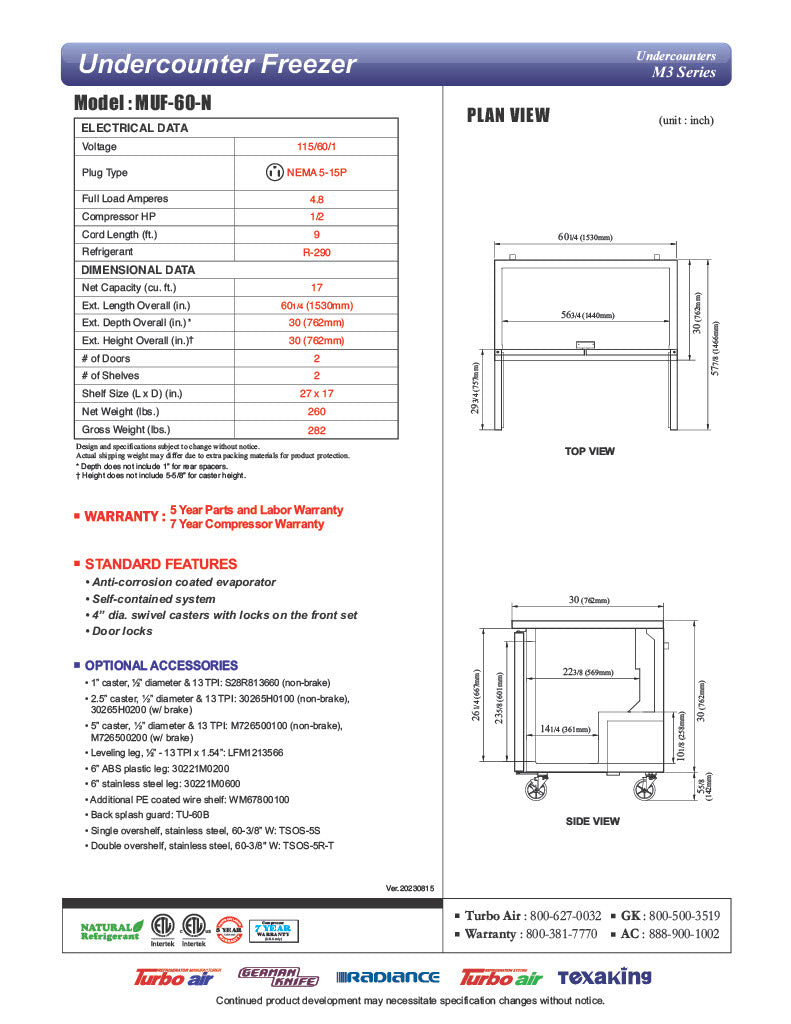 Turbo Air MUF-60-N 60 1/4" W Undercounter Freezer w/ 2 Sections & Solid Doors - Donut-Equipment.com