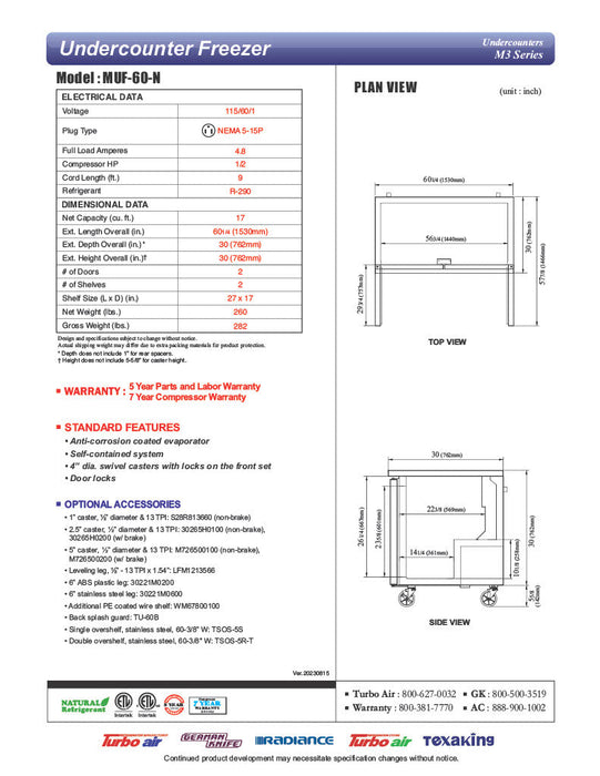 Turbo Air MUF-60-N 60 1/4" W Undercounter Freezer w/ 2 Sections & Solid Doors - Bakery Wholesalers